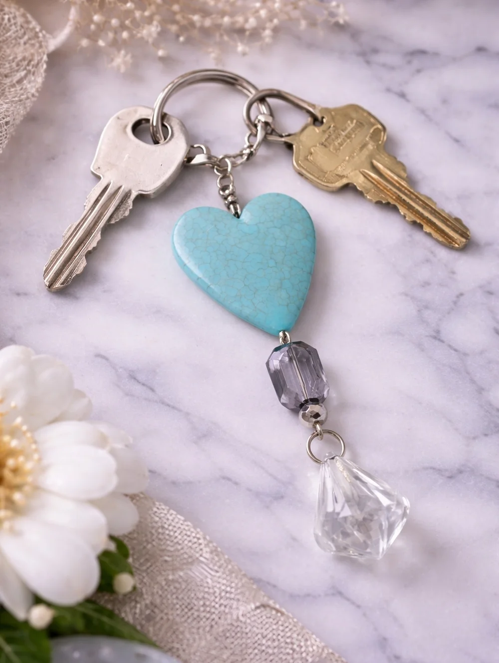 Handmade Turquoise Heart Crystal Keychain Aesthetic Cute Bag Charm Gift
